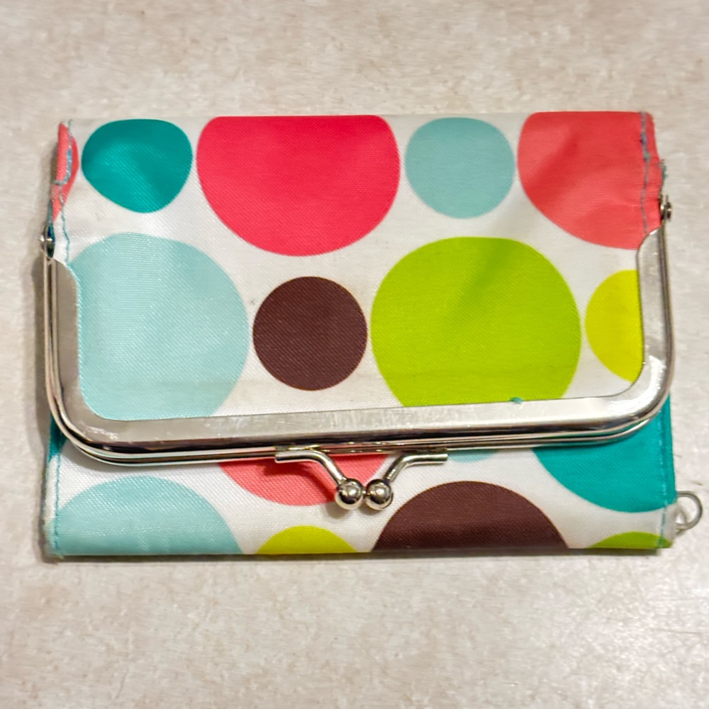 Roomitup Wallet, multicolored fold-up wallet, teal/pink/white, GUC